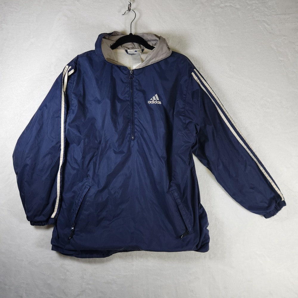 Vtg Adidas 3 Stripes Windbreaker Jacket XL Navy Half Zip‎ Hood Y2K Anorak
